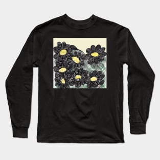 Botanical illustration with daisies. Hand painting, naturalistic black-yellow flowers. Summer print. Design for fabric, textile, packaging, flower shop, website, floristry. Long Sleeve T-Shirt